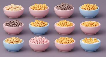 A set of cereal bowls with different types of cereal photo