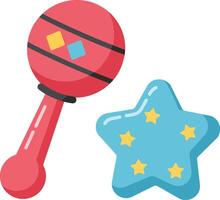 Baby rattle and star-shaped teether in red and blue colorful illustration for infant play and sensory development vector