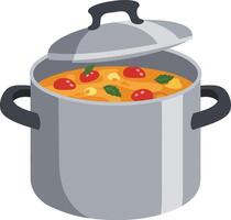 Cooking pot with vegetable soup and partially open lid illustration image vector