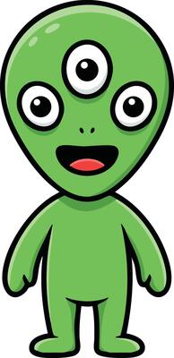 Green alien cartoon character with three eyes and happy expression illustration