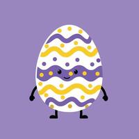 Cute Easter egg character with purple and yellow wavy patterns on violet background for spring celebration illustration vector