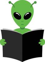 Green alien reading book illustration with large eyes and antennae in simple style vector