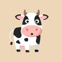 Cute cartoon cow with black spots standing on beige background illustration for children and farm themes vector