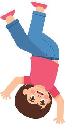 Child doing a handstand in casual clothes with brown hair and pink shoes playful and active pose illustration