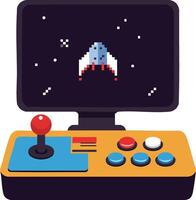 Retro arcade game console with joystick and colorful buttons playing space shooter game illustration vector