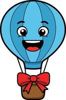 Hot air balloon with smiling face and red bow cartoon style illustration vector