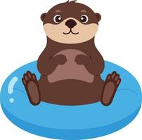 Otter Sitting on Blue Inflatable Ring Illustration with Cute Expression and Relaxed Pose vector