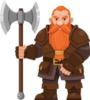 Dwarf warrior holding large battle axe in medieval fantasy armor illustration design vector