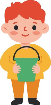 Red-haired boy holding green bucket smiling in simple flat style for children illustration and design