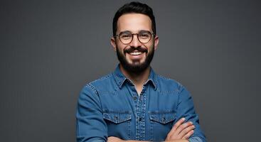 A man with glasses and a beard is smiling photo