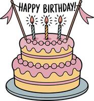 Flat cartoon illustration of a two-tiered birthday cake with pink frosting, yellow layers, and three colorful candles. vector