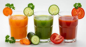 Four glasses of juice with cucumber, tomato and carrot photo