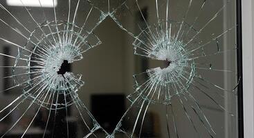 A broken window with a bullet hole in it photo