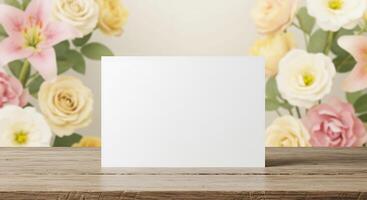 Blank card on wooden table with flowers background photo