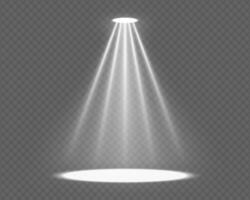 Realistic spotlight with bright glow and volumetric beams on dark background. Stage lighting effect for concert or event design. Transparent flare for theater, club or festive scenes. vector
