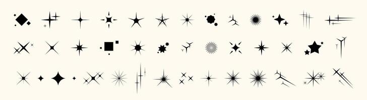 Retro star icon set with shiny spark, burst, and glitter effects. Y2K elements featuring bright glow, magic twinkle, and abstract design. Perfect for logos, signs, or festive decor. vector