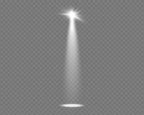 Realistic stage spotlight with glowing beam on dark background. illustration for concert, theater or party scene. Neon flare with sparkling glare. Perfect for nightclub or entertainment design.