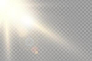 Sunlight flare with glowing rays. Creating vibrant and magical atmosphere. Bright gold beams burst through clear sky. Perfect for summer or festive themes vector