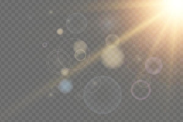 Bright sun flare with radiant rays and sparkling sunlight effect. Golden glow beam. Ideal for summer, sky and nature themes. illustration.