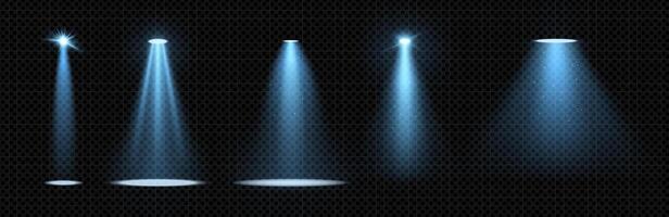 Blue spotlight set with glowing beams on dark background. Realistic volumetric effect for stage, concert or nightclub scenes. Sparkling glare and flash for dynamic entertainment design. vector