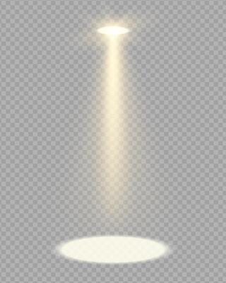 Golden stage spotlight with glowing beam on dark background. Realistic effect for concert, theater, or party scene. Neon flare with sparkling glare. Ideal for festive or entertainment design.