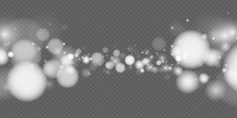 Magical white bokeh background with glowing particles, snow or glitter. Modern design for New Year holiday card, banners and festive advertising. Shiny sparkling and magical atmosphere.