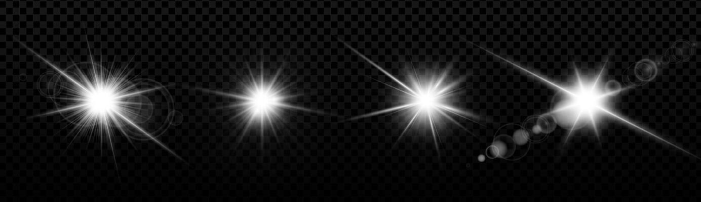 Glowing light flare set with bright lens effect and sparkles. Realistic starburst and radial beam. Dynamic shine and glitter for festive or cosmic design. illustration