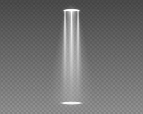 Bright stage spotlight beam with realistic glow on dark background. illustration for concert lighting, nightclub scenes or party events. Neon effect with glitter and sparkling flare.