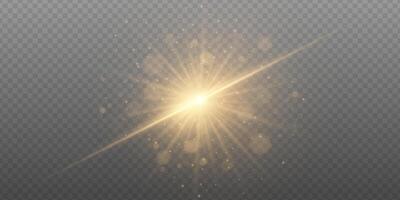 Golden light flare with sparkling glow and shiny burst. Abstract background with bright beam, glitter, and starlight effect. Festive element for celebration or fantasy design. vector