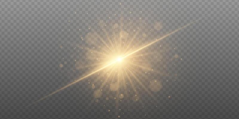 Golden light flare with sparkling glow and shiny burst. Abstract background with bright beam, glitter, and starlight effect. Festive element for celebration or fantasy design.
