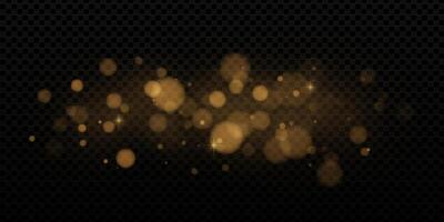 Golden glitter and sparkling light effect on dark background. Abstract festive bokeh with bright shine and magic glow. dust particles and confetti with luxury shimmer and soft radiance. vector