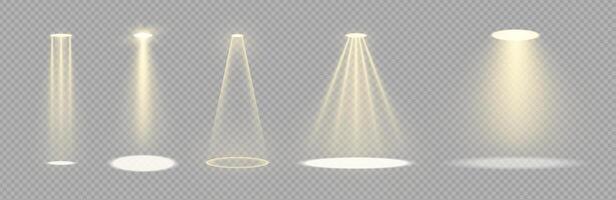 Golden spotlight set with volumetric beams on dark background. Realistic effect for stage or event scenes. Bright glow, sparkling glare and flash collection for concert or theater design. vector