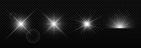 Sunlight lens flare with glowing burst, sparkles and radial rays. Bright abstract light effect on dark or gradient background. illustration set for poster, sky or magic design theme vector