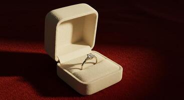 A diamond ring in a box on a red surface photo