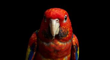 A red and yellow parrot is standing in front of a black background photo