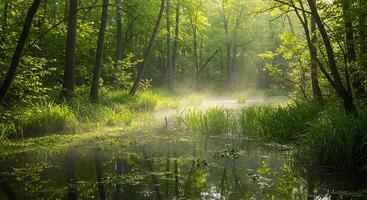 A river in a forest with trees and grass photo