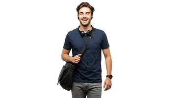 A man is smiling while holding a bag photo