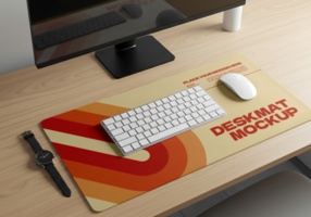 A retro styled deskmat with a keyboard mouse and watch sits on a wooden desk in front of a computer psd