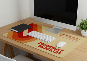 A retro styled deskmat sits on a wooden desk complete with a keyboard mouse and computer psd
