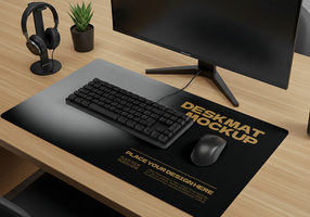 A sleek black deskmat displaying Deskmat Mockup sits on a wooden desk showcasing a keyboard mouse and computer monitor psd