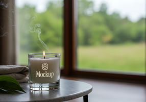 A lit candle with a Mockup label sits on a table beside a window overlooking a tranquil landscape psd