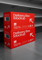 Two stacked red delivery boxes sit on the floor near grey shelving ready for design placement psd