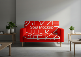 A red sofa with a geometric pattern and Sofa Mockup printed on it sits in a minimalist room psd