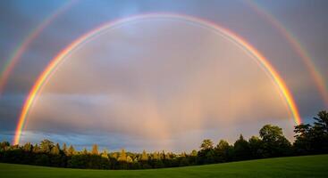 A double rainbow is seen over a field photo
