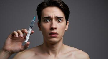 A man holding a syringe in his hand photo
