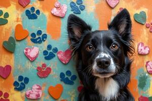 Border collie posing in front of colorful background with hearts and paws photo