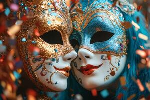 Two venetian masks kissing during carnival celebration with confetti photo