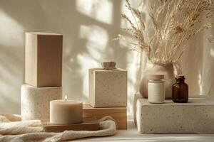 Burning candle, packaging boxes, and dried flowers creating a serene atmosphere photo