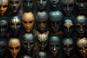 Venetian masks hanging on a dark wall creating a mysterious atmosphere photo