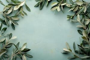 Olive branches creating a frame on a textured turquoise background photo